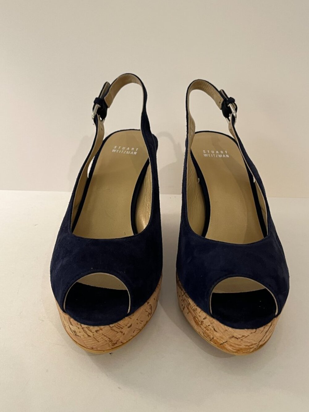 Stuart Weitzman Black Suede Peep Toe Slingback Wedge Platform Heels Women's 11M